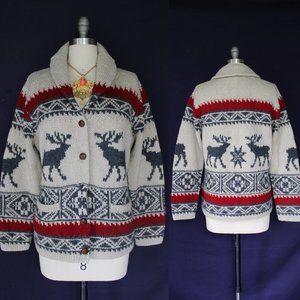 Vintage RALPH LAUREN hand Knit Reindeer cowichan wool cardigan sweater Aztec RRL